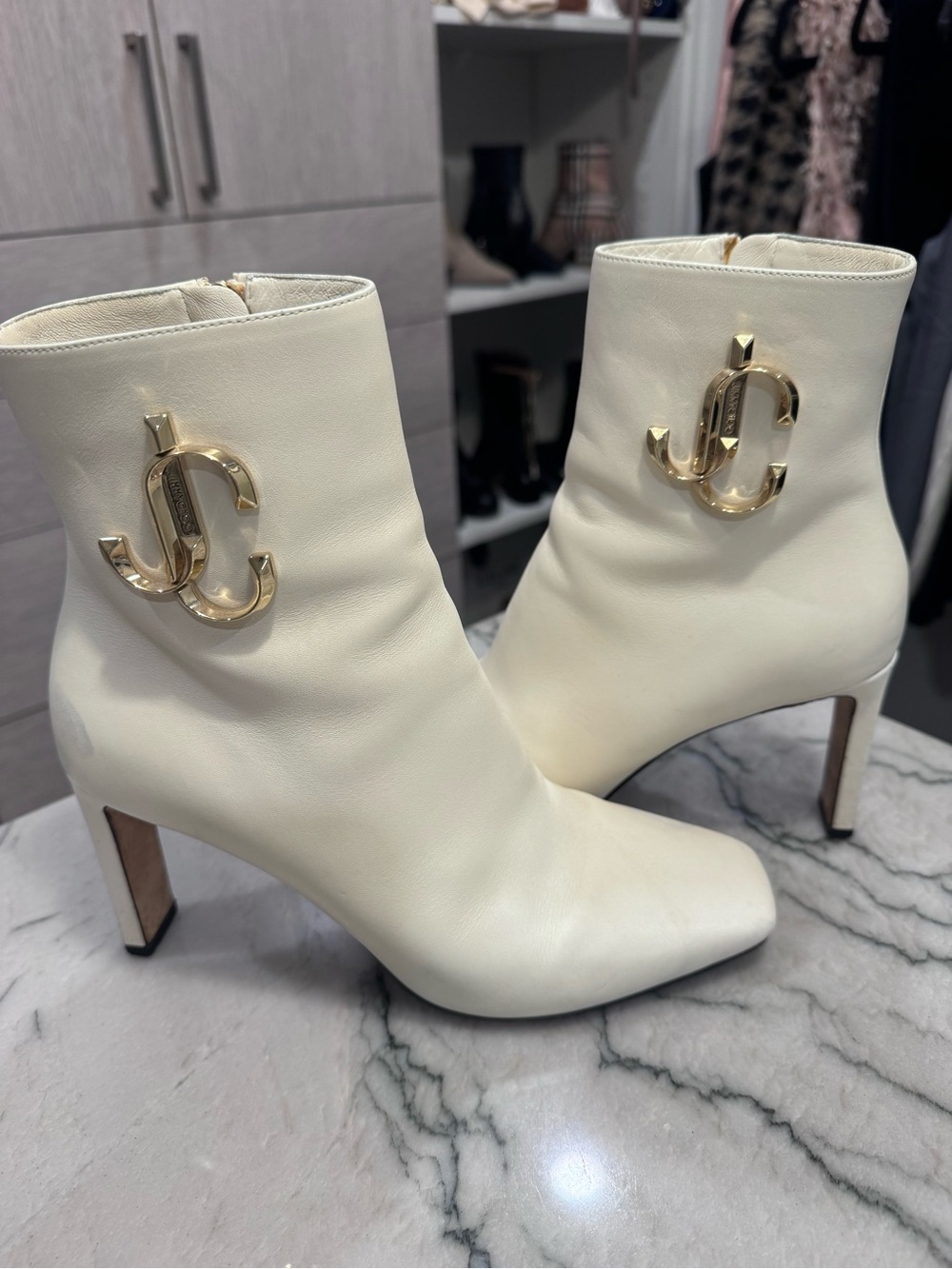 Jimmy Choo Cream Leather Ankle Boots with Gold Logo Accent